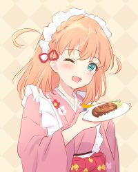 Rule 34 | 1girl, ;d, absurdres, aqua eyes, blush, brown background, commentary, crossed bangs, frilled kimono, frills, grid background, highres, hinoshita kaho, holding, holding plate, japanese clothes, katsudon (food), kimono, link! like! love live!, looking at viewer, love live!, maid, maid headdress, medium hair, official alternate costume, one eye closed, open mouth, orange hair, pink kimono, plate, pork, rice, smile, solo, symbol-only commentary, two-handed, two side up, upper body, virtual youtuber, wa maid, yutuki ame