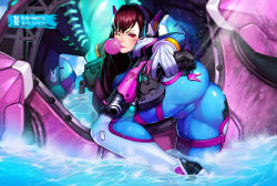 Rule 34 | 1girl, ;), animal print, ass, bent over, blush, bodysuit, breasts, brown hair, blowing bubbles, character name, chewing gum, copyright name, d.va (overwatch), eyelashes, facial mark, finger on trigger, flood, gloves, glowing, gun, handgun, headphones, holding, holding gun, holding weapon, light particles, light rays, long hair, long sleeves, looking at viewer, mecha, medium breasts, meka (overwatch), one eye closed, overwatch, overwatch 1, pilot suit, rabbit print, red eyes, robot, shiny clothes, skin tight, smile, solo, water, weapon, wet, whisker markings, white gloves, wookyung