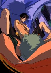 Rule 34 | 2boys, arm behind head, beast romance, black hair, camping, closed eyes, crossed arms, facial scar, feet out of frame, fireflies, green hair, highres, lying, male focus, monkey d. luffy, multiple boys, on back, one piece, perspective, roronoa zoro, scar, scar on cheek, scar on face, shadow, short hair, sideburns, sitting, smile, tent interior