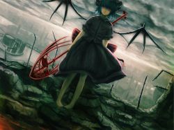 Rule 34 | 1girl, arms behind back, barefoot, bat wings, city, cityscape, dark, dress, dutch angle, female focus, hanuu, hat, outdoors, red eyes, remilia scarlet, sky, solo, spear the gungnir, standing, touhou, vampire, wings
