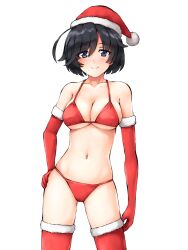 Rule 34 | 1girl, alternate hair length, alternate hairstyle, aposine, bikini, black hair, blue eyes, blush, breasts, christmas, cleavage, collarbone, cowboy shot, elbow gloves, fur-trimmed gloves, fur-trimmed thighhighs, fur trim, girls und panzer, gloves, hand on own hip, hat, isuzu hana, large breasts, looking at viewer, navel, red bikini, red gloves, red hat, red thighhighs, santa bikini, santa hat, short hair, smile, solo, standing, swimsuit, thighhighs
