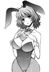 Rule 34 | 10s, 1girl, animal ears, between breasts, bow, bowtie, breasts, cup, detached collar, drinking glass, fake animal ears, greyscale, hands up, idolmaster, idolmaster cinderella girls, large breasts, leotard, looking at viewer, miyashiro sousuke, mole, mole under eye, monochrome, open mouth, pantyhose, playboy bunny, rabbit ears, rabbit tail, short hair, simple background, solo, tail, takagaki kaede, wide hips, wine glass, wrist cuffs