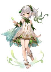 Rule 34 | 1girl, bare shoulders, bloomers, blush, bug, butterfly, cape, cross-shaped pupils, detached sleeves, dress, full body, genshin impact, gradient hair, green cape, green eyes, green hair, green sleeves, grey hair, guzangnanfeng, hair between eyes, hair ornament, highres, insect, leaf hair ornament, multicolored hair, nahida (genshin impact), pointy ears, see-through, see-through dress, side ponytail, sleeveless, sleeveless dress, solo, stirrup footwear, symbol-shaped pupils, toeless footwear, underwear, white background, white bloomers, white dress, white footwear