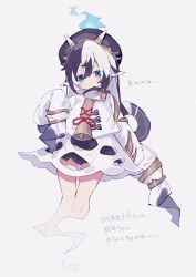 Rule 34 | 1girl, absurdres, animal ears, bell, neck bell, black hair, blue eyes, blue fire, blush, closed mouth, collar, cow ears, cow horns, dress, fire, ghost, ghost tail, grey background, hair between eyes, highres, horns, looking at viewer, multicolored hair, original, skirt, sleeves past fingers, sleeves past wrists, solo, tomo (ryo i so )
