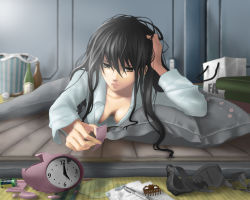 Rule 34 | 1girl, alarm clock, armored core, armored core: for answer, black hair, bottle, bra, breasts, brown eyes, cleavage, clock, from software, kasumi sumika, long hair, mameneko, medium breasts, pillow, serene haze, solo, underwear