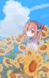 Rule 34 | 1girl, a.i. voice, adachi rei, blue sky, blurry, blurry background, blurry foreground, closed mouth, cloud, commentary, day, expressionless, field, flower, flower field, from side, hair ornament, hair ribbon, hairclip, headlamp, highres, hood, hood down, hooded jacket, jacket, light blush, long hair, long sleeves, looking to the side, one side up, orange eyes, orange hair, outdoors, radio antenna, ribbon, sky, solo, standing, sunflower, sunflower field, utau, white jacket, white ribbon, yuyu no suke