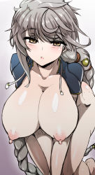 Rule 34 | 10s, 1girl, all fours, asymmetrical hair, bottomless, braid, breasts, cloud print, collarbone, crop top, eyes visible through hair, hair ornament, hanging breasts, huge breasts, kantai collection, long hair, looking at viewer, nipples, open clothes, open mouth, silver hair, single braid, solo, tanaka ginji, tareme, unryuu (kancolle), very long hair