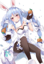 Rule 34 | 1girl, animal ear fluff, animal ears, bare shoulders, black gloves, black leotard, blue hair, blush, bow, braid, breasts, brown pantyhose, carrot hair ornament, cleavage, closed mouth, detached sleeves, dress, feet out of frame, food-themed hair ornament, fur-trimmed dress, fur-trimmed gloves, fur trim, gloves, hair between eyes, hair bow, hair ornament, hand up, highres, hololive, leotard, long hair, looking at viewer, medium breasts, multicolored hair, mutang, pantyhose, puffy short sleeves, puffy sleeves, rabbit ears, red eyes, shadow, short eyebrows, short sleeves, sitting, smile, solo, strapless, strapless dress, strapless leotard, thick eyebrows, twin braids, twintails, two-tone hair, usada pekora, usada pekora (1st costume), very long hair, virtual youtuber, white background, white bow, white dress, white hair, white sleeves