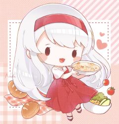 Rule 34 | 1girl, black footwear, bowl, bread, chibi, commentary request, dress, food, hairband, heart, highres, holding, kantai collection, long hair, nada namie, official art, open mouth, red dress, red hairband, shirt, shoukaku (kancolle), signature, simple background, solo, tomato, vegetable, very long hair, white hair, white shirt