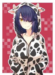 Rule 34 | 1girl, alternate costume, animal print, blush, breasts, brown eyes, chinese zodiac, closed mouth, collarbone, cow print, eyepatch, hair over one eye, hands in pockets, hood, hoodie, kantai collection, kotobuki (momoko factory), large breasts, looking at viewer, messy hair, purple hair, red background, short hair, smile, solo, tenryuu (kancolle), twitter username, upper body, year of the ox