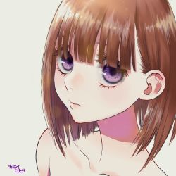 Rule 34 | 1girl, bare shoulders, blunt bangs, bob cut, brown hair, close-up, closed mouth, collarbone, commentary request, eyebrows hidden by hair, hair behind ear, highres, lipgloss, looking at viewer, original, portrait, purple eyes, short hair, simple background, solo, white background, yubi kamii