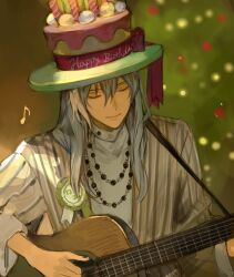 Rule 34 | 1boy, bead necklace, beads, birthday cake hat, blurry, christmas tree, closed eyes, closed mouth, depth of field, eighth note, guitar, hair between eyes, happy birthday, holding, holding guitar, holding instrument, idolish7, instrument, jacket, jewelry, kuzuvine, long hair, male focus, mole, mole under eye, musical note, necklace, open clothes, open jacket, playing guitar, shirt, smile, solo, turtleneck, upper body, white hair, white shirt, yellow jacket, yuki (idolish7)