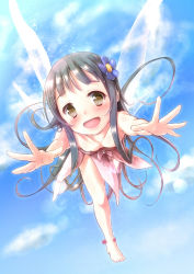 Rule 34 | 10s, 1girl, :d, asahi (ge nyu), barefoot, black hair, blush, brown eyes, collarbone, fairy, fairy wings, flower, hair flower, hair ornament, long hair, looking at viewer, open mouth, outstretched arms, smile, solo, sword art online, wings, yui (sao), yui (sao-alo)