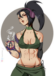 Rule 34 | 1girl, :o, absurdres, akali, arm tattoo, bare shoulders, black hair, breasts, character print, cleavage, crop top, cup, green pants, grey background, groin, hair between eyes, hayashidraws, headphones, highres, holding, holding cup, irelia, large breasts, league of legends, midriff, navel, pants, ponytail, red lips, shiny skin, shoulder tattoo, single sleeve, solo, tattoo, teeth, upper teeth only, white background