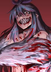 Rule 34 | 1girl, blood, blood on face, blue hair, feathered wings, feathers, grin, harpy, hetza (hellshock), long hair, monster girl, nagai gojitsudan no nechronica, nude, original, pointy ears, red eyes, sharp teeth, silhouette, simple background, smile, solo, teeth, winged arms, wings