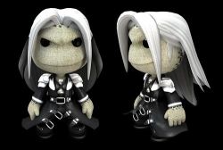 Rule 34 | 1990s (style), 1boy, black jacket, button eyes, buttons, doll, final fantasy, final fantasy vii, jacket, little big planet, long coat, long hair, lowres, male focus, multiple views, retro artstyle, sephiroth, silver hair