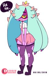 Rule 34 | 1girl, animated, animated gif, artist name, black thighhighs, blue eyes, blue hair, blush, blush stickers, boots, breasts, cleft of venus, clothes lift, colored sclera, creatures (company), dated, diives, english text, female focus, full body, game freak, gen 7 pokemon, hair over one eye, half-closed eyes, hands up, highres, holding, lifting own clothes, long hair, looking at viewer, mareanie, navel, necktie, nintendo, nipples, no bra, no humans, no panties, open mouth, patreon logo, patreon username, personification, pokemon, pokemon (creature), pokemon sm, purple footwear, pussy, see-through, sharp teeth, shirt, short sleeves, simple background, skirt, skirt lift, small breasts, smile, solo, speech bubble, standing, talking, teeth, text focus, thick thighs, thighhighs, thighs, torn clothes, torn thighhighs, uncensored, underboob, very long hair, watermark, white background, white shirt, wide hips, yellow sclera