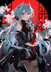 Rule 34 | 1girl, absurdres, aqua hair, bell, black dress, blue eyes, cherry blossoms, chinese clothes, closed umbrella, commentary, commission, detached sleeves, dress, english text, flower, highres, holding, holding umbrella, jingle bell, kiduki, knee up, long hair, looking at viewer, neck bell, oil-paper umbrella, open mouth, original, pearl hair ornament, pink flower, red umbrella, solo, umbrella, very long hair, wide sleeves