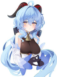 Rule 34 | 1girl, absurdres, ahoge, bare shoulders, bell, blue hair, blush, bow, breasts, detached sleeves, ganyu (genshin impact), genshin impact, gold trim, highres, horns, long hair, looking at viewer, low ponytail, medium breasts, navy (navy.blue), neck bell, own hands together, purple eyes, sidelocks, solo, upper body, white background, white sleeves