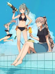Rule 34 | 3girls, annin musou, arm support, bikini, black bikini, black ribbon, black shirt, blonde hair, blue sky, breasts, brown eyes, closed eyes, cloud, cocktail, cocktail glass, collarbone, cup, day, drinking glass, green hair, hair ribbon, hand on own hip, high ponytail, highres, holding, holding cup, kantai collection, long hair, multiple girls, navel, official alternate costume, open mouth, pink hair, ponytail, pool, poolside, ribbon, shirt, short sleeves, sitting, sky, small breasts, smile, swimsuit, very long hair, water, water gun, yura (kancolle), yuubari (kancolle), yuubari kai ni (kancolle), yuudachi (kancolle)