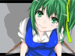 Rule 34 | 1girl, blue dress, blush, bow, breasts, daiyousei, dress, eyelashes, fairy wings, female focus, from above, green eyes, green hair, green ribbon, grey background, hair bow, head tilt, highres, letterboxed, looking at viewer, looking up, matching hair/eyes, ribbon, s-ghost, shadow, shirt, short hair, short sleeves, side ponytail, simple background, smile, solo, touhou, upper body, white shirt, wings