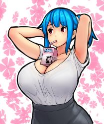 Rule 34 | 1girl, arms behind head, black skirt, blue hair, blunt bangs, bra, breasts, cleavage, commentary, drinking, drinking straw, english commentary, erkaz, high ponytail, highres, huge breasts, looking to the side, milk carton, original, pencil skirt, ponytail, red eyes, rina atherina, see-through, shirt, short sleeves, skirt, solo, t-shirt, underwear, white shirt