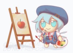Rule 34 | 1girl, apple, artist name, beret, blue eyes, blue hair, blue hat, blue overalls, bow, canvas (object), chibi, cirno, collared shirt, commentary, drawing (object), easel, english commentary, fairy wings, food, fruit, full body, fumo (doll), hair between eyes, hat, holding, holding paintbrush, holding palette, messy, neck ribbon, overalls, paint on clothes, paint splatter, paint splatter on face, paintbrush, painting (object), palette (object), pencil, red apple, red bow, red ribbon, ribbon, shirt, short hair, short sleeves, simple background, skullchimes, smile, solo, touhou, twitter username, v-shaped eyebrows, watermark, white background, white shirt, wings