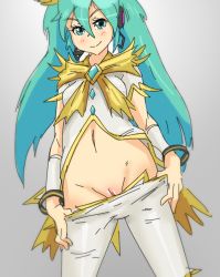 Rule 34 | 1girl, alternate costume, aqua eyes, aqua hair, arm warmers, bangle, bike shorts, blush, bracelet, clitoris slip, clothes pull, earrings, flat chest, hair ornament, hatsune miku, headphones, headset, jewelry, kiriririn, long hair, naughty face, navel, no panties, pulled by self, pussy, pussy peek, shorts, shorts pull, smile, song request, twintails, two side up, uncensored, vocaloid
