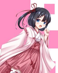 Rule 34 | 1girl, :d, absurdres, black hair, blue eyes, blush, bob cut, clenched hand, commentary request, cowboy shot, dracu-riot!, eyebrows hidden by hair, hair between eyes, hair ornament, hair ribbon, hairclip, hakama, hakama skirt, hand up, happy, highres, japanese clothes, kimono, layered clothes, layered kimono, long sleeves, looking at viewer, medium hair, mera azusa, miko, n rinkoro, open mouth, pink background, pink kimono, pleated skirt, red hakama, red ribbon, red tassel, ribbon, ribbon-trimmed thighhighs, ribbon trim, side ponytail, skirt, smile, solo, standing, straight hair, tareme, thighhighs, two-tone background, white background, white kimono, white thighhighs, wide sleeves