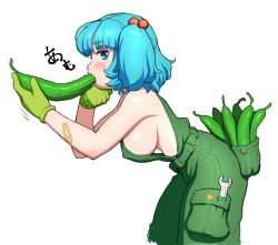 Rule 34 | 1girl, bandaid, bandaid on arm, bare shoulders, blue eyes, blue hair, blunt bangs, blush, bow, breasts, commentary request, covered erect nipples, cucumber, eating, fellatio, food, from side, gloves, green gloves, green overalls, hair bow, hand on own chin, holding, holding food, kawashiro nitori, large breasts, leaning forward, long hair, naked overalls, oral, overalls, pocket, short eyebrows, short hair, sideboob, simple background, simulated fellatio, solo, thick eyebrows, touhou, two side up, white background, wrench, yonaki
