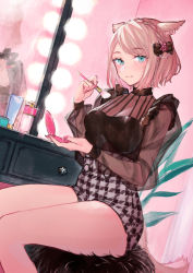 Rule 34 | 1girl, absurdres, animal ears, applying makeup, bare legs, black bow, black shirt, black shorts, blush, bottle, bow, braid, breasts, buttons, cat ears, cat girl, cat tail, closed mouth, commentary, cosmetics, crown braid, eyelashes, facial mark, final fantasy, final fantasy xiv, fingernails, flower, glitter, green eyes, hair bow, hair flower, hair ornament, high-waist shorts, highres, holding, holding brush, indoors, light bulb, long sleeves, looking at viewer, makeup, makeup brush, medium breasts, micro shorts, miqo&#039;te, mirror, nail polish, on stool, perfume bottle, pink flower, pink nails, powder puff, puffy long sleeves, puffy sleeves, see-through, see-through sleeves, shirt, shirt tucked in, short hair, shorts, silver hair, sitting, smile, solo, sparkle, stool, swept bangs, table, tail, uni (melm), vanity table, warrior of light (ff14), white shorts