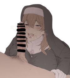 Rule 34 | 1boy, 1girl, after fellatio, bar censor, blush, breasts, brown eyes, brown hair, censored, cum, cum in mouth, cum on clothes, erection, fellatio, gloves, hair between eyes, large breasts, mdf an, medium hair, nun, nun (mdf an), open mouth, oral, original, penis, simple background, smile, stray pubic hair, traditional nun, upper body, white background