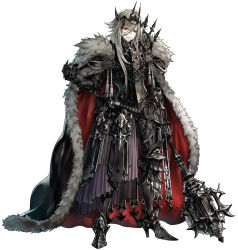 Rule 34 | 1boy, armor, black cape, cape, fur-trimmed cape, fur trim, gauntlets, greaves, grey hair, hair between eyes, high heels, holding, holding mask, holding weapon, long hair, mace, male focus, mask, multicolored cape, multicolored clothes, original, parted lips, red cape, red eyes, senano-yu, simple background, smile, solo, standing, vambraces, weapon, white background
