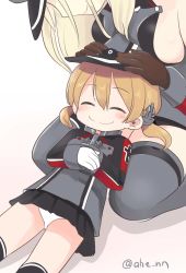 Rule 34 | 2girls, ^ ^, ahenn, bare shoulders, bismarck (kancolle), black legwear, black skirt, blonde hair, blush, breasts, brown gloves, closed eyes, detached sleeves, closed eyes, gloves, grey legwear, hair between eyes, hat, kantai collection, lap pillow, large breasts, long hair, long sleeves, low twintails, microskirt, military, military uniform, multiple girls, panties, peaked cap, pleated skirt, prinz eugen (kancolle), skirt, smile, thighhighs, twintails, twitter username, underwear, uniform, white gloves, white panties