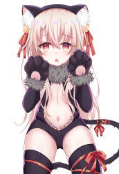 Rule 34 | 1girl, animal ear fluff, animal ears, animal hands, bell, black gloves, black leotard, black thighhighs, blush, bow, cameltoe, cat ears, cat girl, cat tail, center opening, commentary request, elbow gloves, fang, fate/kaleid liner prisma illya, fate (series), fur-trimmed gloves, fur trim, gloves, hair bell, hair between eyes, hair bow, hair ornament, hands up, highres, illyasviel von einzbern, jingle bell, leotard, light brown hair, long hair, looking at viewer, navel, official alternate costume, parted lips, paw gloves, red bow, red eyes, satori (ymoy), solo, tail, thighhighs, very long hair