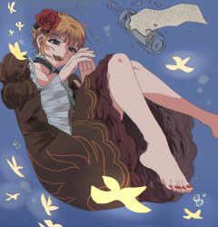 Rule 34 | 1girl, air bubble, bare legs, barefoot, beatrice (umineko), blonde hair, blue eyes, bottle, broken glass, bubble, bug, butterfly, choker, dress, fangs, feet, flower, frills, glass, hair flower, hair ornament, highres, insect, juliet sleeves, legs, letter, long sleeves, puffy sleeves, red nails, rose, rxnal0, solo, teeth, umineko no naku koro ni, underwater, upper teeth only, yellow butterfly
