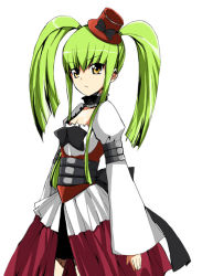 Rule 34 | 00s, 1girl, alternate hairstyle, armlet, belt, breasts, c.c., choker, cleavage, code geass, collarbone, corset, dress, expressionless, female focus, green hair, hat, juliet sleeves, long hair, long sleeves, looking at viewer, maro nie, puffy long sleeves, puffy sleeves, sidelocks, simple background, solo, standing, top hat, twintails, white background, white dress, yellow eyes