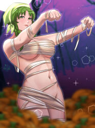 Rule 34 | 1girl, bandages, bandana, blurry, braid, breasts, closed mouth, commission, female focus, fire emblem, fire emblem: the blazing blade, green eyes, green hair, groin, halloween, halloween costume, highres, long hair, looking at viewer, matching hair/eyes, medium breasts, mummy costume, naked bandage, navel, nintendo, pumpkin, purple background, rebecca (fire emblem), rinku bny, smile, solo, twin braids, underboob
