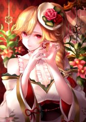 Rule 34 | 1girl, adjusting earrings, azur lane, banned artist, blonde hair, center frills, drill hair, earrings, flower, frills, hat, hat flower, highres, japanese clothes, jewelry, kimono, light smile, long hair, looking at viewer, mini hat, neconel, off shoulder, official alternate costume, pink eyes, pink flower, pink rose, red flower, red rose, revision, richelieu (azur lane), richelieu (evergreen prophecy) (azur lane), rose, side drill, single drill, solo, tilted headwear, wallpaper (object), white kimono