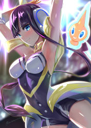 Rule 34 | 1girl, armpits, arms up, backlighting, bare shoulders, black hair, black leotard, blue eyes, blunt bangs, blush, breasts, cleavage, closed mouth, coattails, covered navel, creatures (company), detached collar, elbow gloves, elesa (pokemon), elesa (sygna suit) (pokemon), game freak, gen 4 pokemon, gloves, gradient gloves, gym leader, headphones, highres, leotard, long hair, medium breasts, nintendo, official alternate costume, orange gloves, pokemon, pokemon (creature), pokemon masters ex, rotom, rotom (normal), shiny skin, single sidelock, smile, thighs, uenoryoma, very long hair