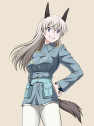 Rule 34 | 1girl, animal ears, blue eyes, blush, breasts, eila ilmatar juutilainen, fox ears, fox tail, grin, hiro yoshinaka, large breasts, long hair, looking at viewer, military, military uniform, smile, solo, strike witches, tail, uniform, white hair, world witches series