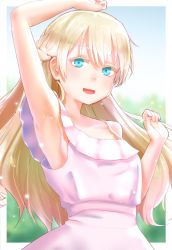 Rule 34 | 10s, 1girl, :d, arm up, armpits, asobi asobase, blonde hair, blue eyes, blue sky, blurry, blurry background, braid, day, dress, hamsta, hand up, long hair, olivia (asobi asobase), open mouth, outdoors, sky, smile, solo, standing, upper body, very long hair, white dress