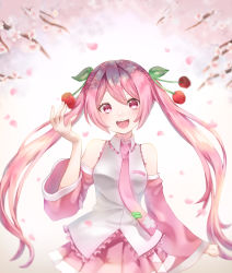 Rule 34 | 1girl, absurdres, alternate color, bad id, bad pixiv id, bare shoulders, blush, branch, cherry blossoms, cherry hair ornament, detached sleeves, floral print, food-themed hair ornament, frilled shirt, frills, hair ornament, hand up, hatsune miku, highres, komomo (pixiv30257478), long hair, looking at viewer, necktie, petals, pink eyes, pink hair, sakura miku, shirt, skirt, sleeveless, sleeveless shirt, smile, solo, twintails, upper body, very long hair, vocaloid