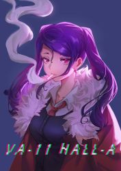 Rule 34 | 1girl, absurdres, backlighting, breasts, buttons, cigarette, collar, collared shirt, copyright name, distortion, eyelashes, fur collar, highres, jill stingray, long hair, looking at viewer, medium breasts, pink eyes, purple hair, red collar, red neckwear, shirt, smoke, smoking, solo, swept bangs, twintails, upper body, va-11 hall-a, vest, white shirt, xiaomai yorik