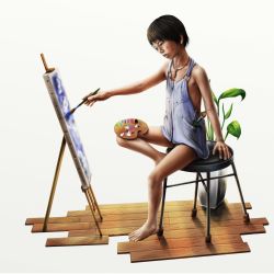 Rule 34 | 1boy, apron, barefoot, black hair, brush, child, drawing, feet, grey background, male focus, realistic, simple background, solo, tagme, to1989, toes