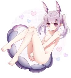 Rule 34 | 1girl, arknights, barefoot, blush, breasts, collarbone, commentary request, hair ornament, hairclip, head wings, heart, knees together feet apart, knees up, liu (-liu), long hair, looking at viewer, manticore (arknights), nail polish, nipples, nude, pointy ears, purple eyes, purple hair, purple nails, scorpion tail, sidelocks, small breasts, solo, tail, thighs, toenail polish, toenails, twintails, white background, wings