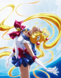 Rule 34 | 10s, 1girl, absurdres, artist name, bishoujo senshi sailor moon, bishoujo senshi sailor moon crystal, blonde hair, blue sailor collar, blue skirt, bow, brooch, choker, circlet, closed eyes, cowboy shot, double bun, earrings, elbow gloves, floating hair, gloves, hair bun, hair ornament, hairclip, highres, jewelry, long hair, magical girl, moon, moonlight, night, official art, outstretched arm, parted lips, red bow, sailor collar, sailor moon, sakou yukie, skirt, solo, sparkle, tsukino usagi, twintails, very long hair, white gloves