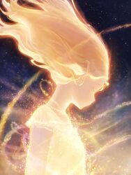 Rule 34 | 1girl, absurdres, blonde hair, breasts, closed eyes, commentary, english commentary, facing down, from side, glowing, glowing hair, glowing skin, highres, long hair, original, personification, profile, shirt, sishenfan, small breasts, solo, space, star (sky), sun, upper body, yellow shirt