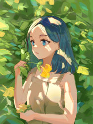 Rule 34 | 1girl, absurdres, bare arms, bare shoulders, blue eyes, blue hair, brown dress, dress, flower, forehead, hand up, highres, holding, holding flower, looking away, original, parted lips, sleeveless, sleeveless dress, solo, wang man, yellow flower