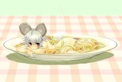 Rule 34 | 1girl, animal ears, blush, female focus, food, grey hair, in food, ishikkoro, lying, mini person, minigirl, mouse ears, mouse tail, nazrin, nude, on stomach, pasta, plate, red eyes, solo, spaghetti, tail, touhou